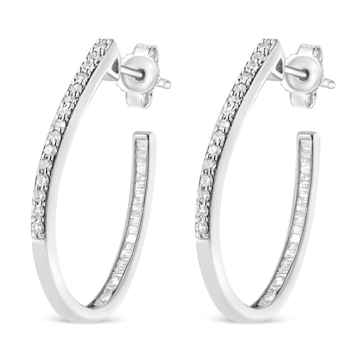 .925 Sterling Silver 1/2 Cttw Round and Baguette-Cut Diamond Inside-Outside Hoop Earrings (H-I Color, I1-I2 Clarity) - LinkagejewelrydesignLinkagejewelrydesign