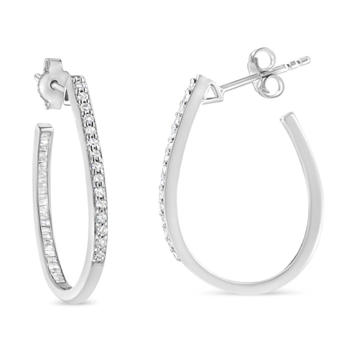 .925 Sterling Silver 1/2 Cttw Round and Baguette-Cut Diamond Inside-Outside Hoop Earrings (H-I Color, I1-I2 Clarity) - LinkagejewelrydesignLinkagejewelrydesign