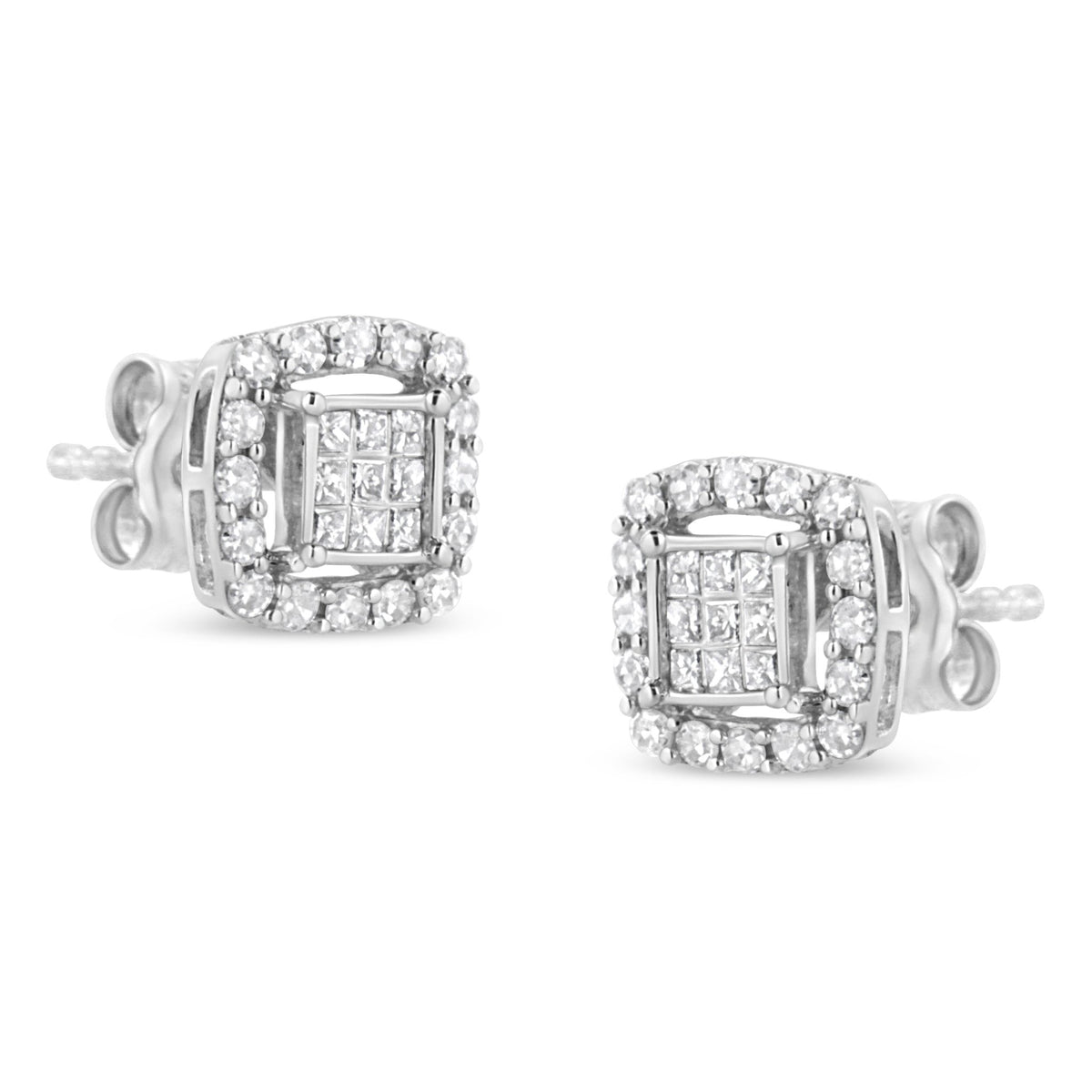 .925 Sterling Silver 1/2 Cttw Round and Princess-Cut Diamond Stud Earrings (I-J Color, I1-I2 Clarity) - LinkagejewelrydesignLinkagejewelrydesign