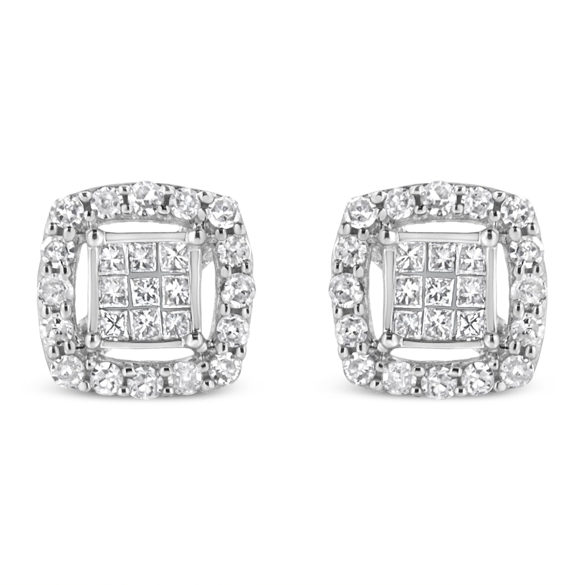 .925 Sterling Silver 1/2 Cttw Round and Princess-Cut Diamond Stud Earrings (I-J Color, I1-I2 Clarity) - LinkagejewelrydesignLinkagejewelrydesign