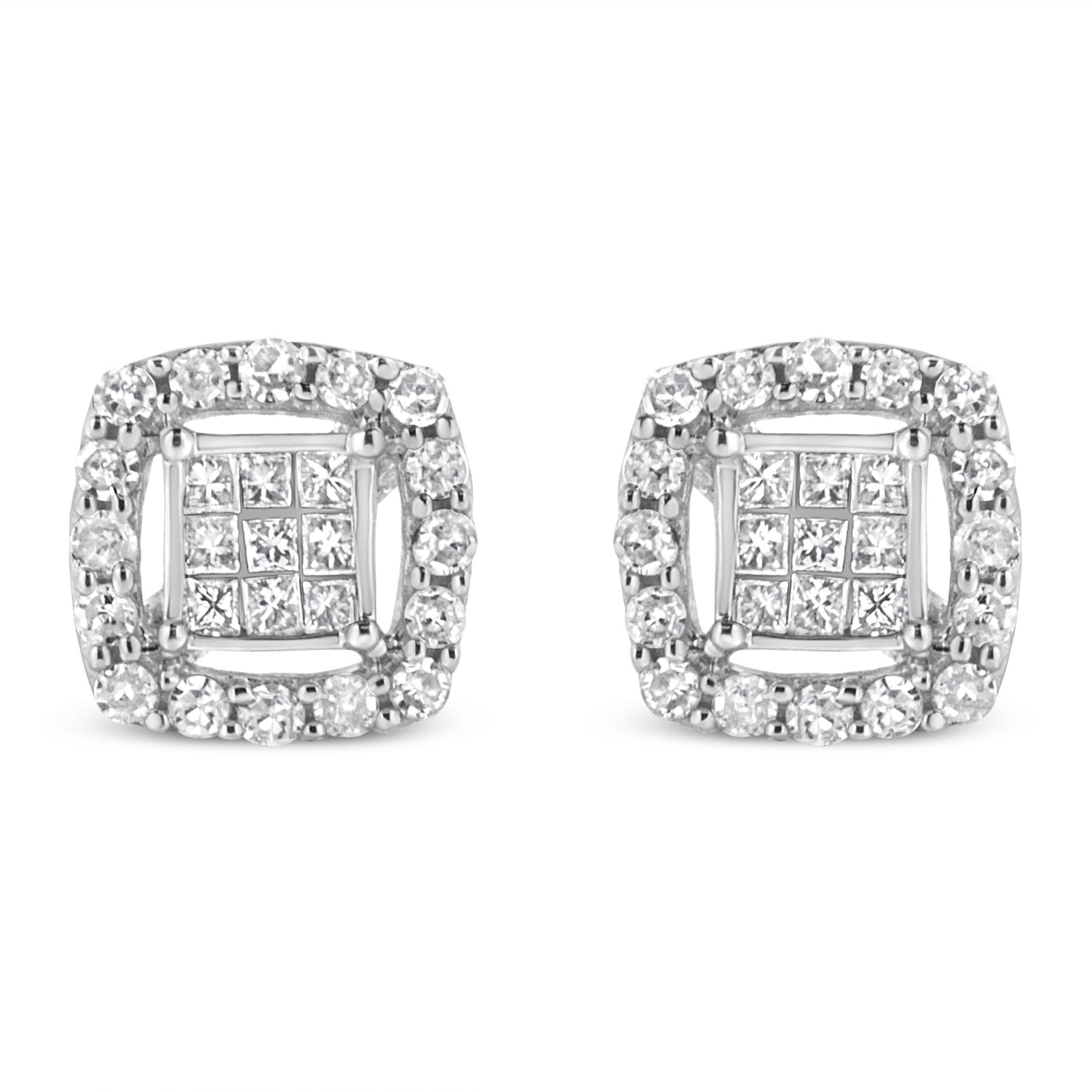 .925 Sterling Silver 1/2 Cttw Round and Princess-Cut Diamond Stud Earrings (I-J Color, I1-I2 Clarity) - LinkagejewelrydesignLinkagejewelrydesign