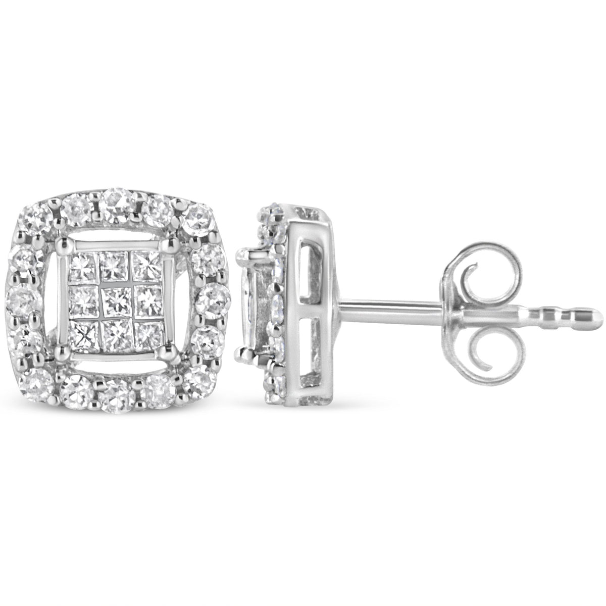 .925 Sterling Silver 1/2 Cttw Round and Princess-Cut Diamond Stud Earrings (I-J Color, I1-I2 Clarity) - LinkagejewelrydesignLinkagejewelrydesign