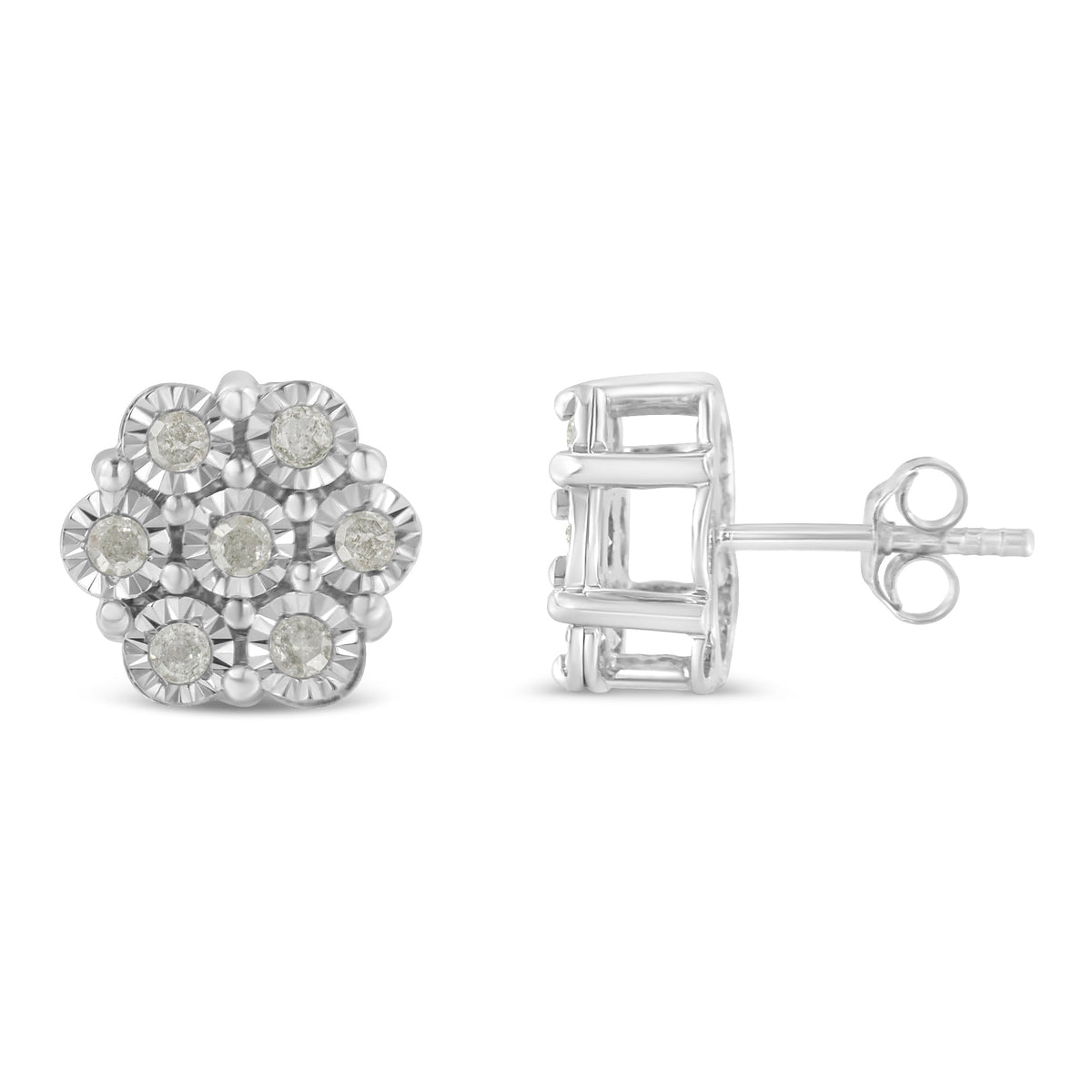 .925 Sterling Silver 1/2 Cttw Round-Cut Diamond Miracle-Set Floral Cluster Button Stud Earrings (I-J Color, I2-I3 Clarity) - LinkagejewelrydesignLinkagejewelrydesign
