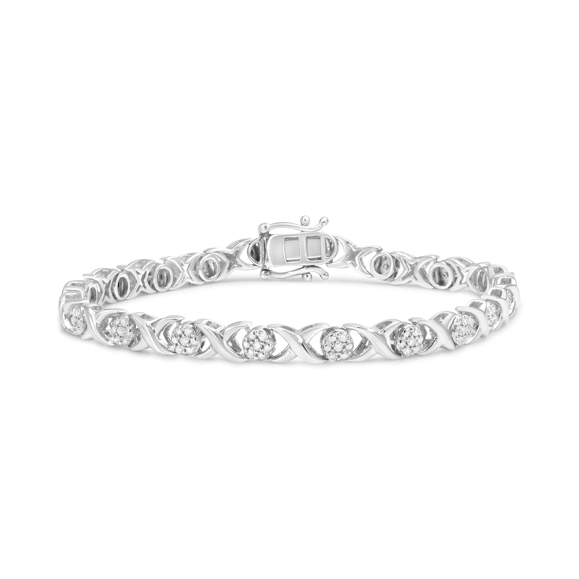 .925 Sterling Silver 1/2 Cttw Round Diamond Cluster X-Link Bracelet (I-J Color, I1-I2 Clarity) - 7.25" - LinkagejewelrydesignLinkagejewelrydesign