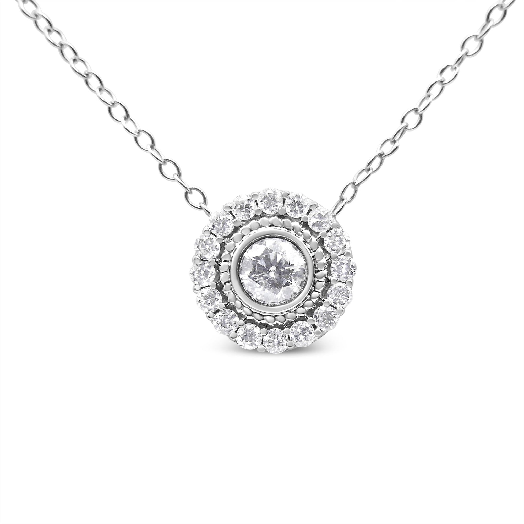 .925 Sterling Silver 1/2 Cttw Round Diamond Halo Circle Pendant 18" Necklace (I-J Color, I2-I3 Clarity) - LinkagejewelrydesignLinkagejewelrydesign