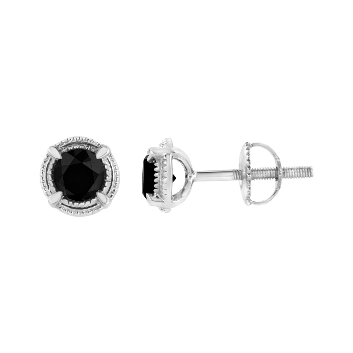 .925 Sterling Silver 1/2 cttw Treated Black Diamond Modern 4-Prong Solitaire Milgrain Stud Earrings (Black Color, I1-I2 Clarity) - LinkagejewelrydesignLinkagejewelrydesign
