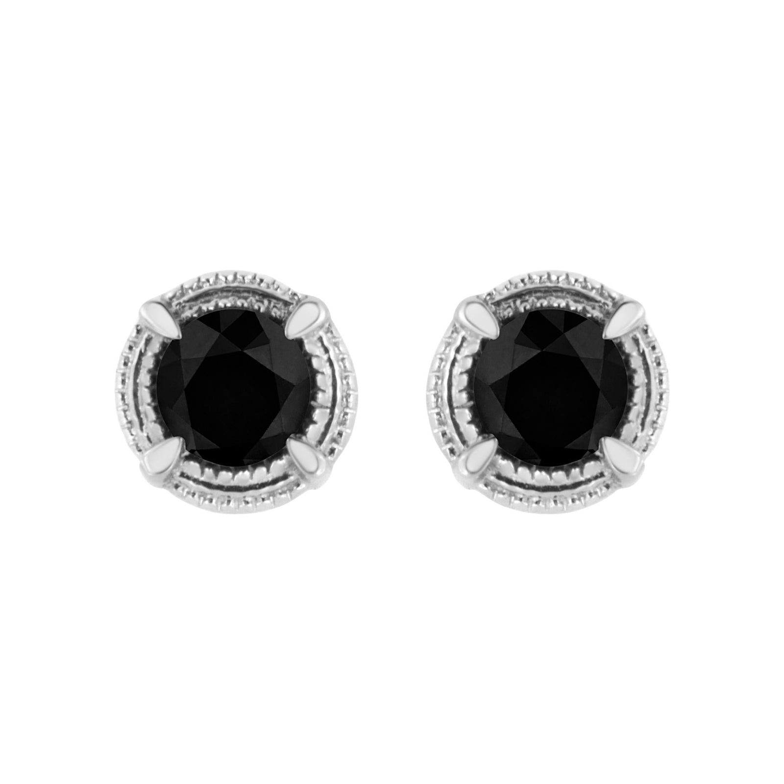 .925 Sterling Silver 1/2 cttw Treated Black Diamond Modern 4-Prong Solitaire Milgrain Stud Earrings (Black Color, I1-I2 Clarity) - LinkagejewelrydesignLinkagejewelrydesign