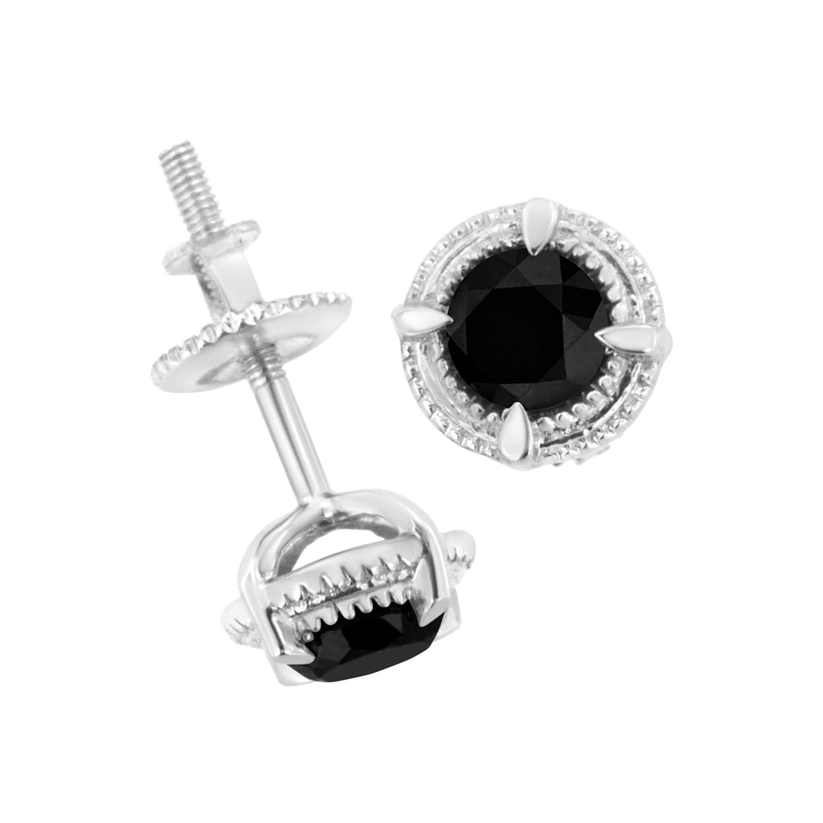 .925 Sterling Silver 1/2 cttw Treated Black Diamond Modern 4-Prong Solitaire Milgrain Stud Earrings (Black Color, I1-I2 Clarity) - LinkagejewelrydesignLinkagejewelrydesign