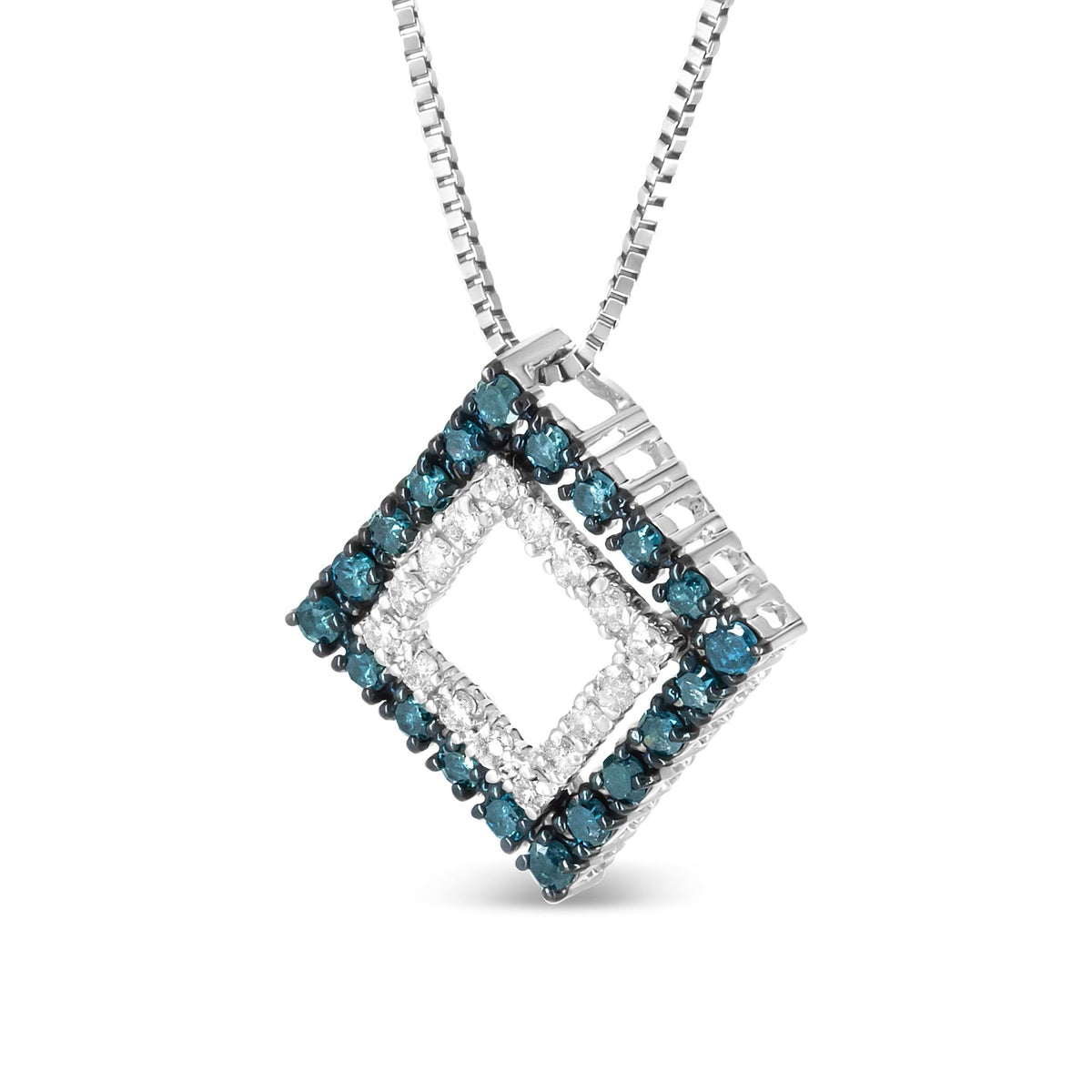 .925 Sterling Silver 1/2 Cttw Treated Blue and White Diamond Double Rhombus 18&quot; Pendant Necklace (Blue/I-J Color, I2-I3 Clarity) - LinkagejewelrydesignLinkagejewelrydesign