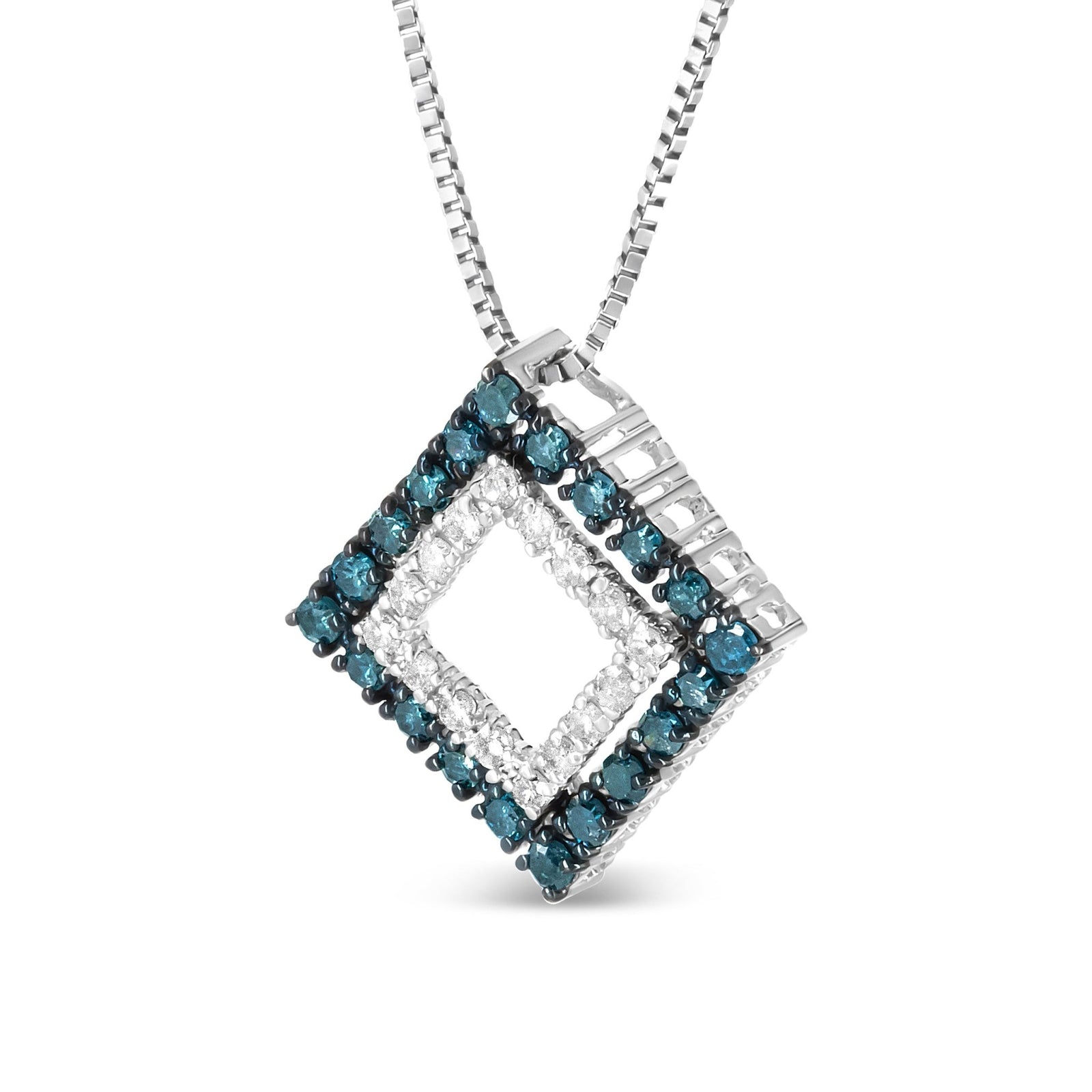 .925 Sterling Silver 1/2 Cttw Treated Blue and White Diamond Double Rhombus 18" Pendant Necklace (Blue/I-J Color, I2-I3 Clarity) - LinkagejewelrydesignLinkagejewelrydesign