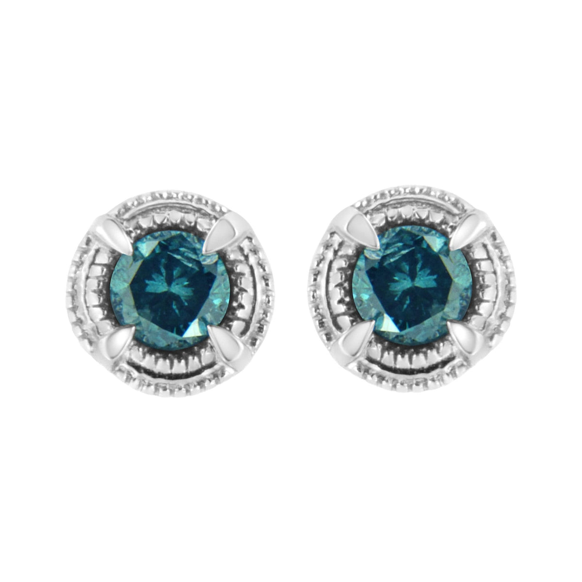 .925 Sterling Silver 1/2 cttw Treated Blue Diamond Modern 4-Prong Solitaire Milgrain Stud Earrings (Blue Color, I1-I2 Clarity) - LinkagejewelrydesignLinkagejewelrydesign