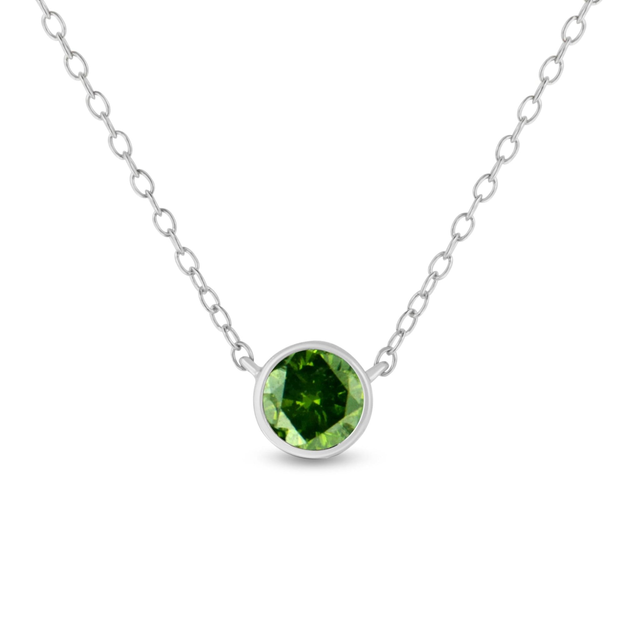 .925 Sterling Silver 1/2 Cttw Treated Green Diamond Bezel Solitaire 18" Pendant Necklace (Green Color, I2-I3 Clarity) - LinkagejewelrydesignLinkagejewelrydesign