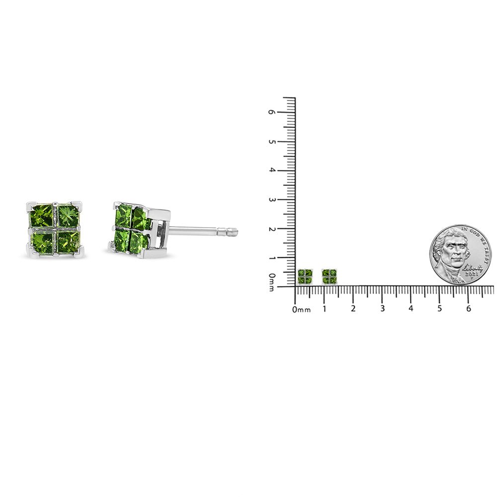 .925 Sterling Silver 1/2 Cttw Treated Green Princess-cut Diamond 4 Stone Composite Quad Stud Earring (Green Color, I1-I2 Clarity) - LinkagejewelrydesignLinkagejewelrydesign