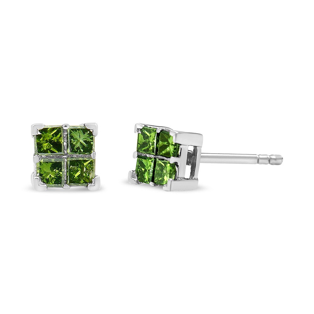 .925 Sterling Silver 1/2 Cttw Treated Green Princess-cut Diamond 4 Stone Composite Quad Stud Earring (Green Color, I1-I2 Clarity) - LinkagejewelrydesignLinkagejewelrydesign