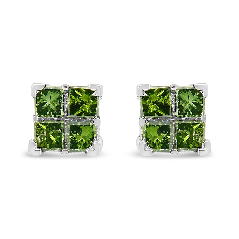 .925 Sterling Silver 1/2 Cttw Treated Green Princess-cut Diamond 4 Stone Composite Quad Stud Earring (Green Color, I1-I2 Clarity) - LinkagejewelrydesignLinkagejewelrydesign
