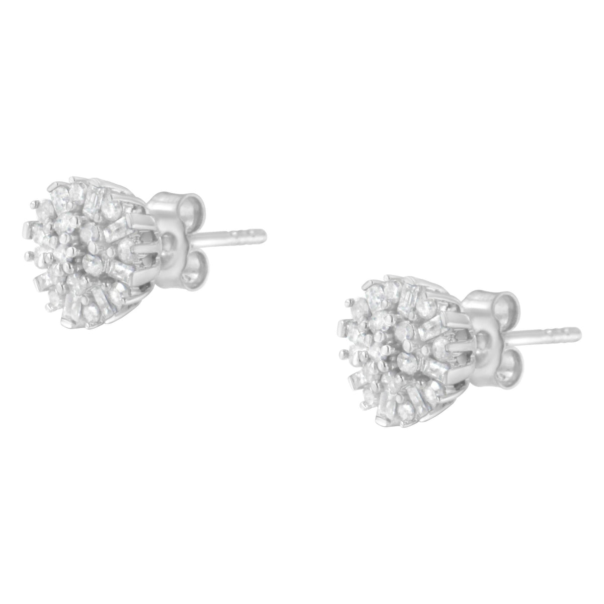 .925 Sterling Silver 1/2 Round and Baguette Diamond Sunburst Floral Cluster Stud Earrings (I-J Color, I3 Clarity) - LinkagejewelrydesignLinkagejewelrydesign