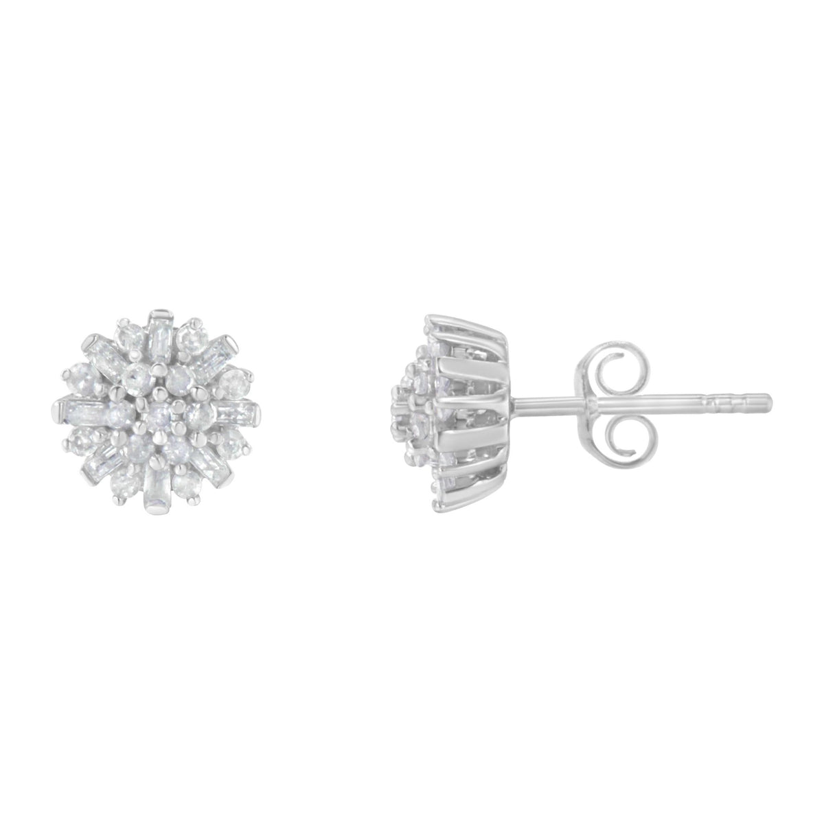 .925 Sterling Silver 1/2 Round and Baguette Diamond Sunburst Floral Cluster Stud Earrings (I-J Color, I3 Clarity) - LinkagejewelrydesignLinkagejewelrydesign