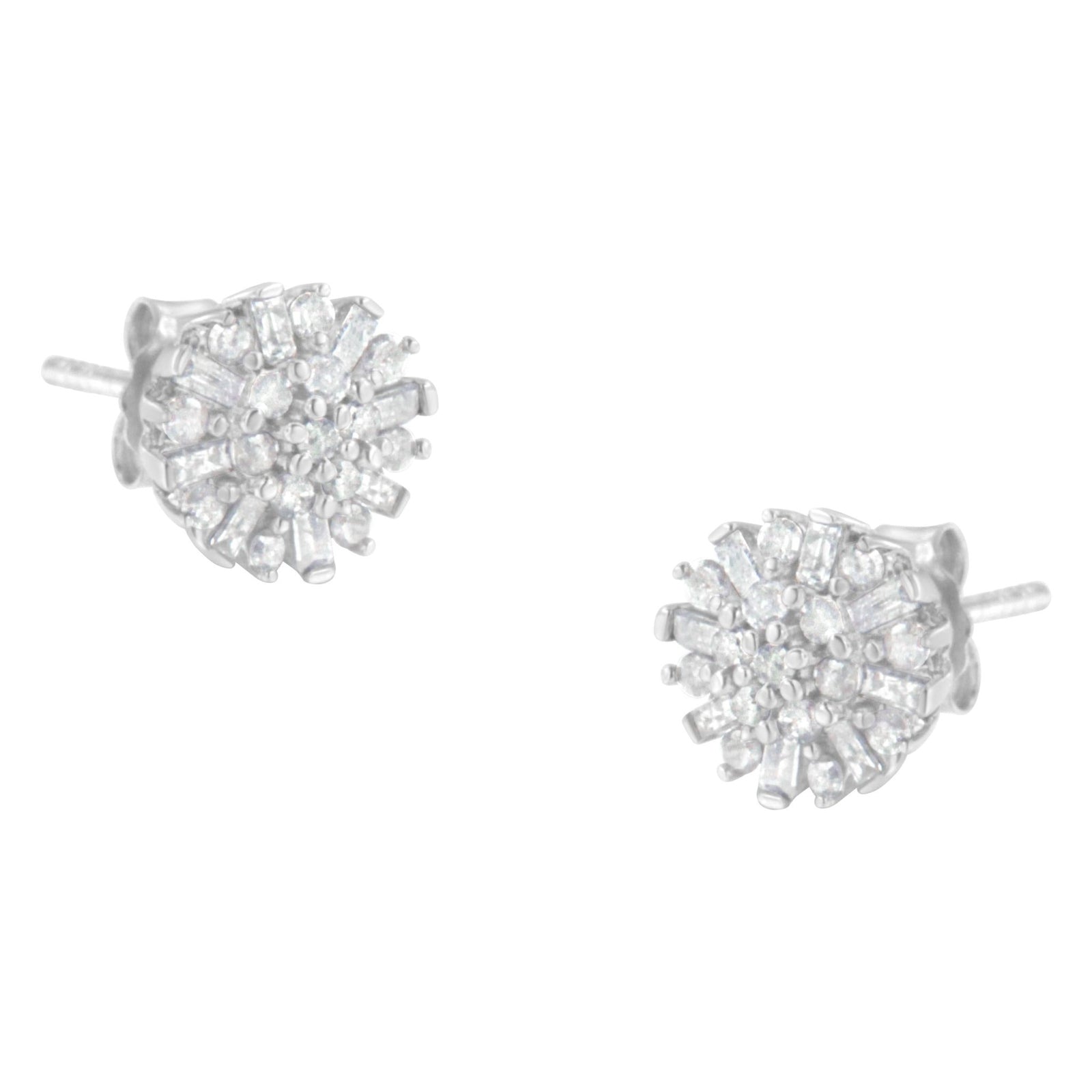 .925 Sterling Silver 1/2 Round and Baguette Diamond Sunburst Floral Cluster Stud Earrings (I-J Color, I3 Clarity) - LinkagejewelrydesignLinkagejewelrydesign