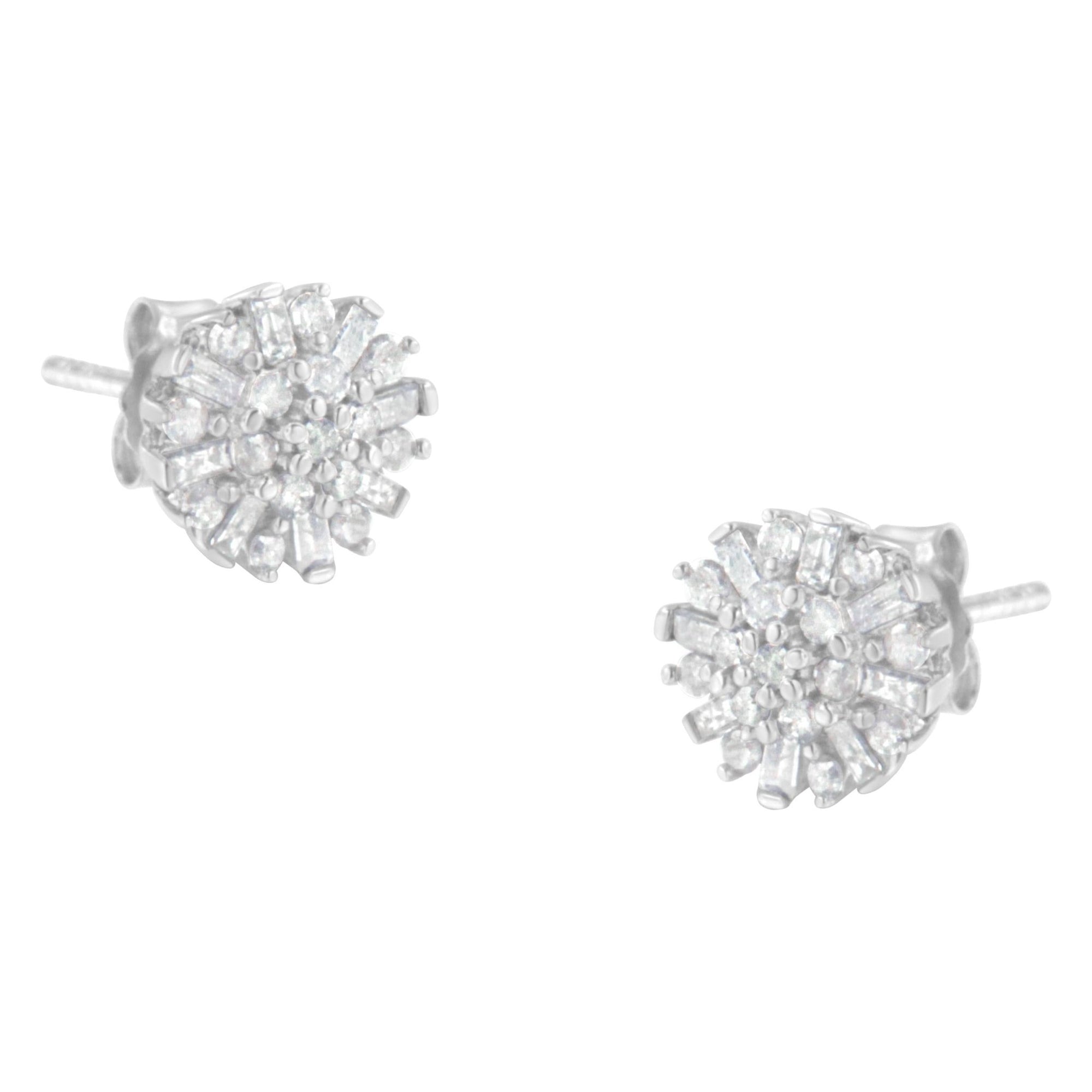 .925 Sterling Silver 1/2 Round and Baguette Diamond Sunburst Floral Cluster Stud Earrings (I-J Color, I3 Clarity) - LinkagejewelrydesignLinkagejewelrydesign