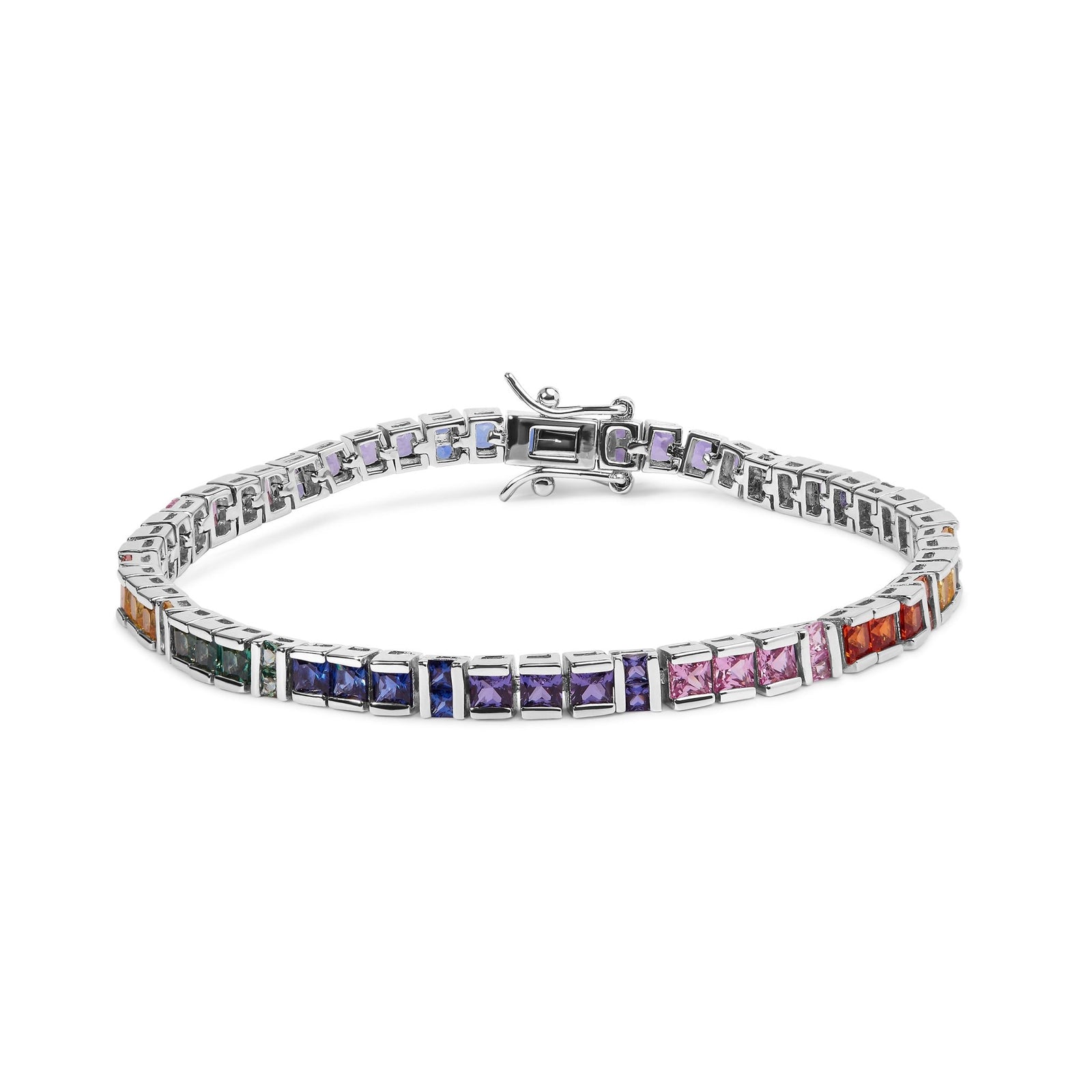 .925 Sterling Silver 12.0 Cttw Multi Colored Princess Cut Gemstone Link Tennis Bracelet (AAA Quality) - 7.25" Inches - LinkagejewelrydesignLinkagejewelrydesign