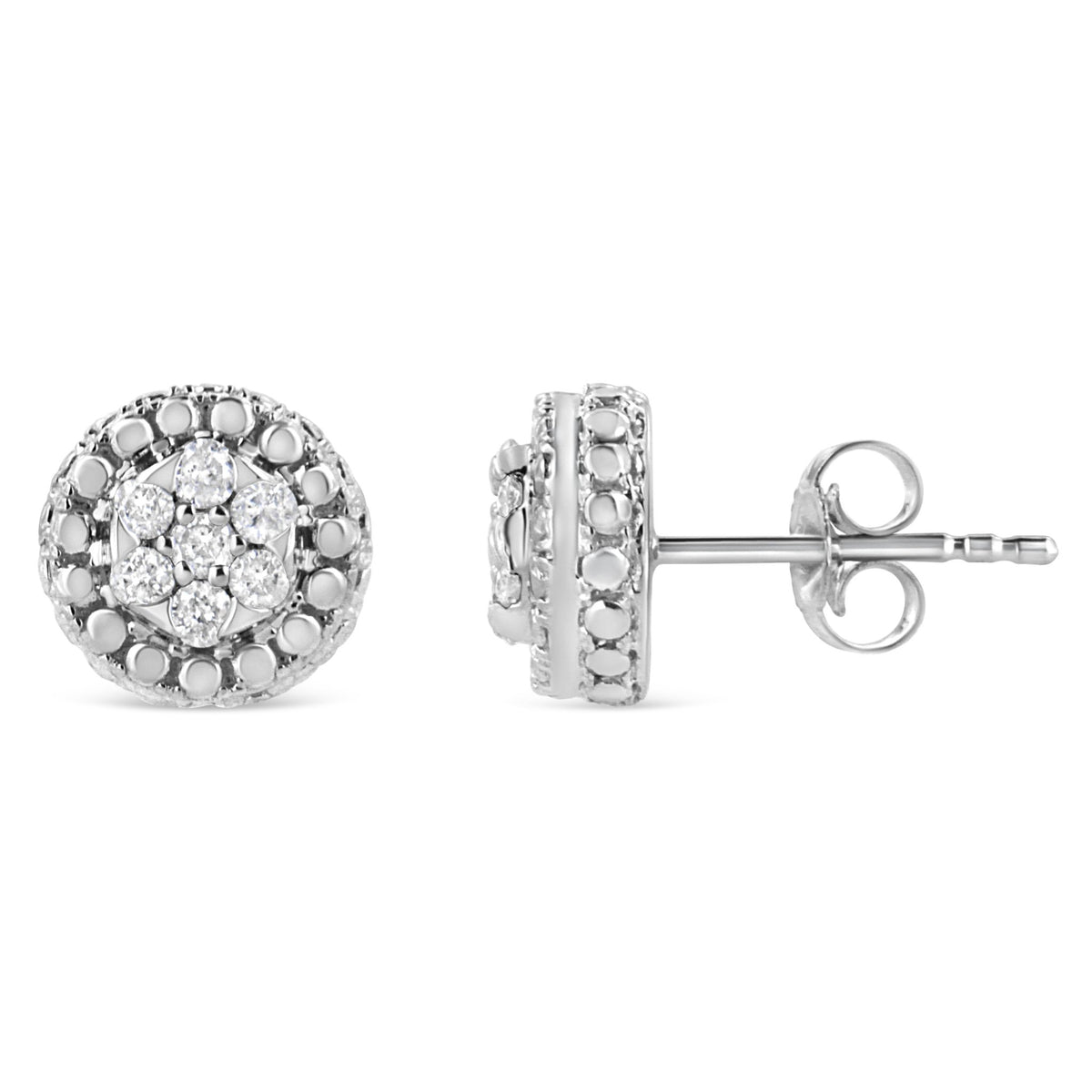 .925 Sterling Silver 1/3 Cttw 7 Stone Pave Set Diamond Beaded Stud Earrings (I-J Color, I2-I3 Clarity) - LinkagejewelrydesignLinkagejewelrydesign