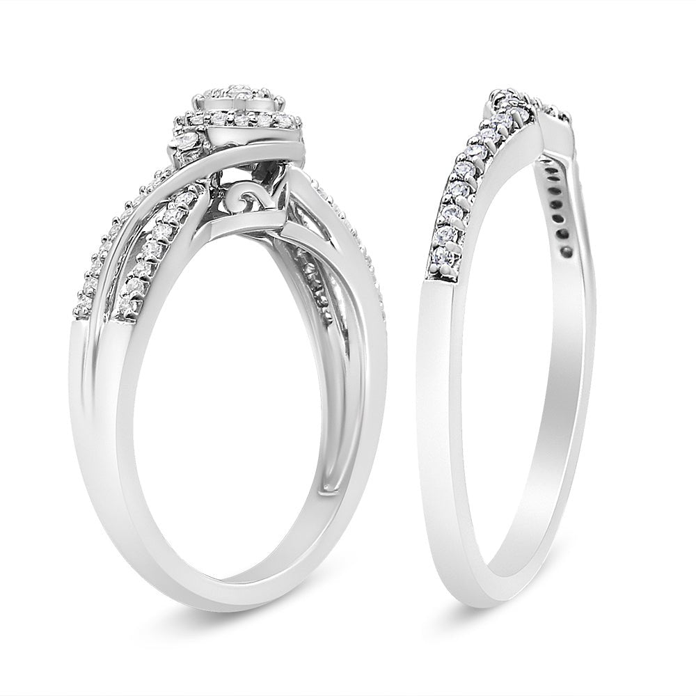 .925 Sterling Silver 1/3 Cttw Composite Diamond Frame Bypass Bridal Set Ring and Band (I-J Color, I2-I3 Clarity) - Ring Size 7 - LinkagejewelrydesignLinkagejewelrydesign