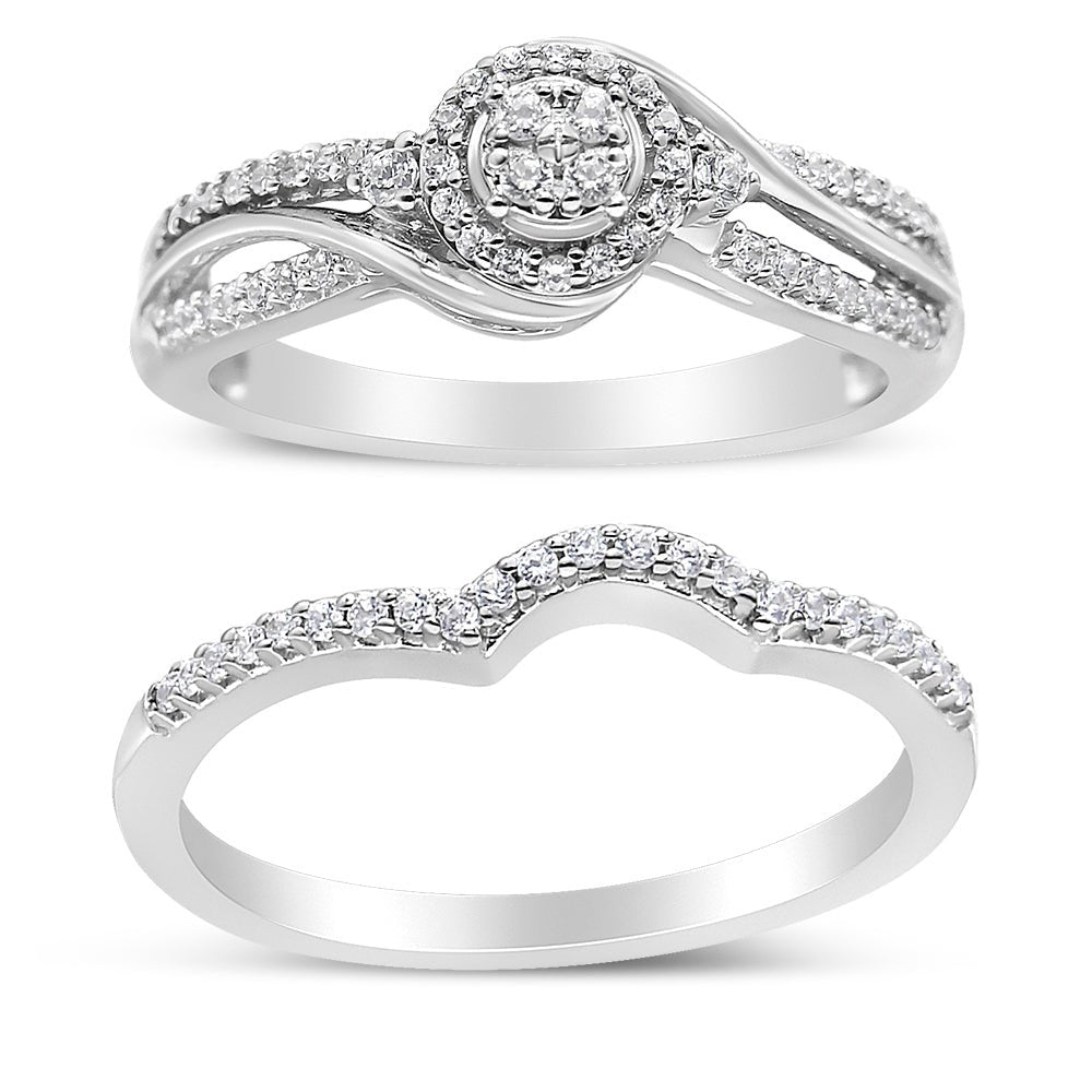 .925 Sterling Silver 1/3 Cttw Composite Diamond Frame Bypass Bridal Set Ring and Band (I-J Color, I2-I3 Clarity) - Ring Size 7 - LinkagejewelrydesignLinkagejewelrydesign