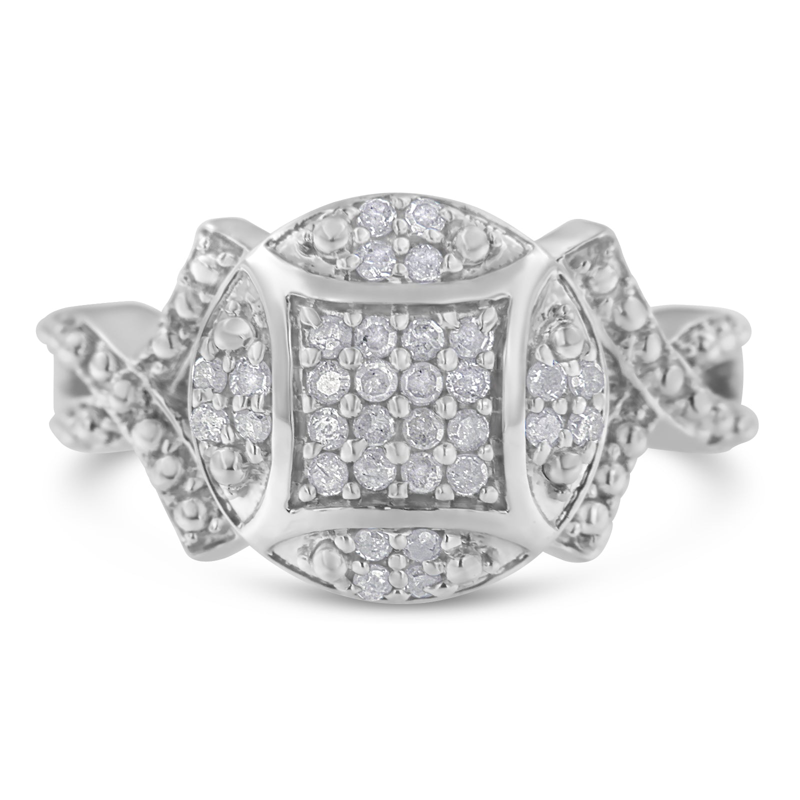 .925 Sterling Silver 1/3 Cttw Diamond Square-in-Circle Composite Cluster Ribbon Shank Fashion or Cocktail Ring (I-J Color, I3 Clarity) - Size 7 - LinkagejewelrydesignLinkagejewelrydesign