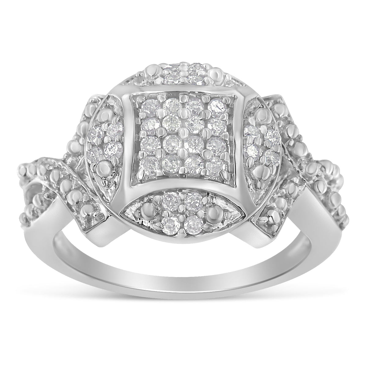 .925 Sterling Silver 1/3 Cttw Diamond Square-in-Circle Composite Cluster Ribbon Shank Fashion or Cocktail Ring (I-J Color, I3 Clarity) - Size 7 - LinkagejewelrydesignLinkagejewelrydesign