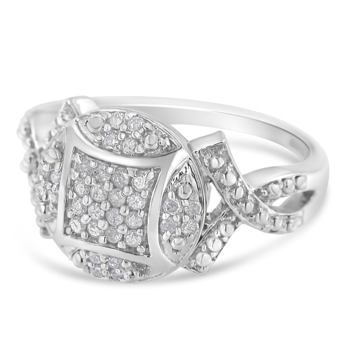 .925 Sterling Silver 1/3 Cttw Diamond Square-in-Circle Composite Cluster Ribbon Shank Fashion or Cocktail Ring (I-J Color, I3 Clarity) - Size 7 - LinkagejewelrydesignLinkagejewelrydesign
