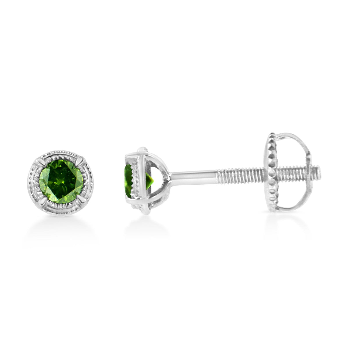 .925 Sterling Silver 1/3 cttw Treated Green Diamond Modern 4-Prong Solitaire Milgrain Stud Earrings (Green Color, I1-I2 Clarity) - LinkagejewelrydesignLinkagejewelrydesign