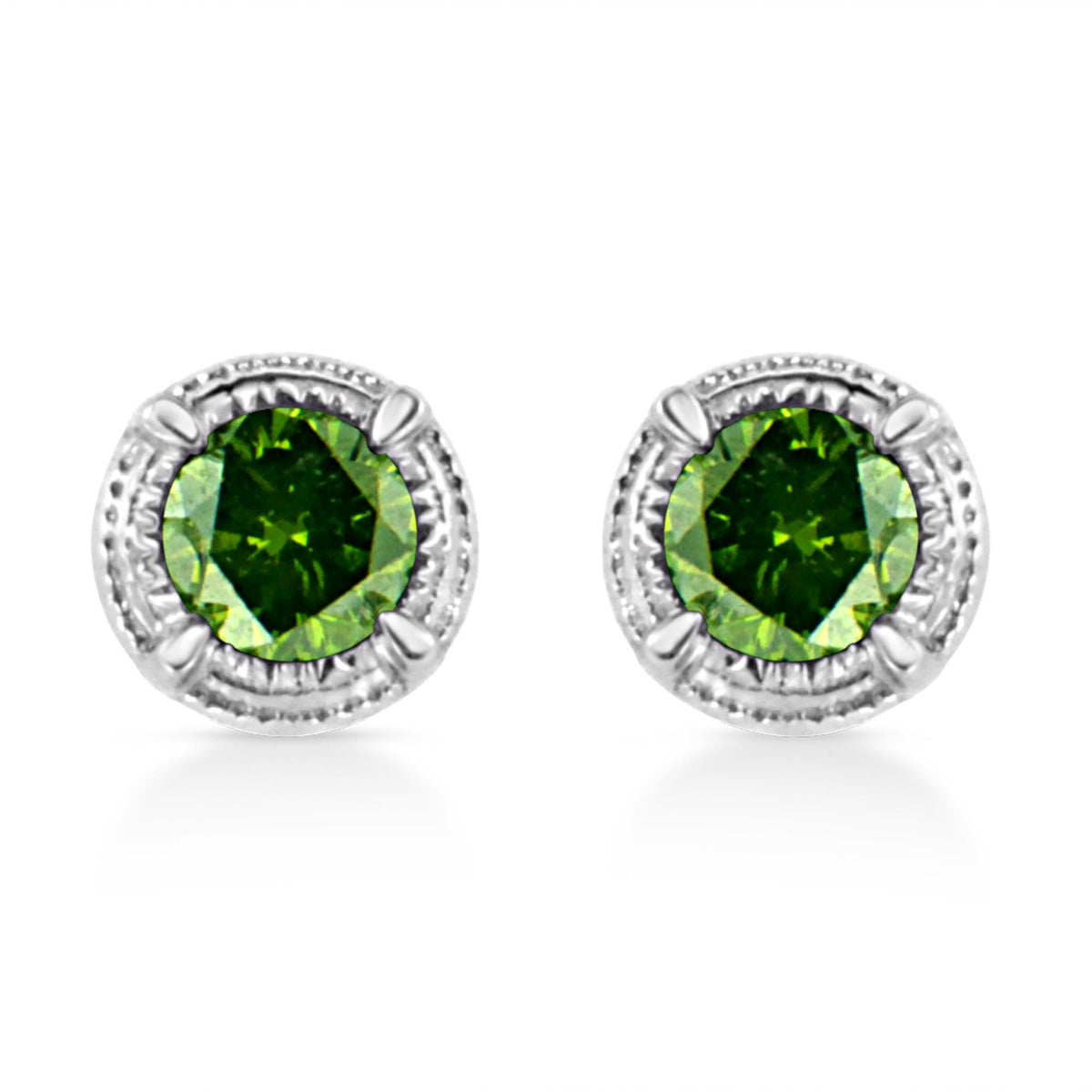 .925 Sterling Silver 1/3 cttw Treated Green Diamond Modern 4-Prong Solitaire Milgrain Stud Earrings (Green Color, I1-I2 Clarity) - LinkagejewelrydesignLinkagejewelrydesign