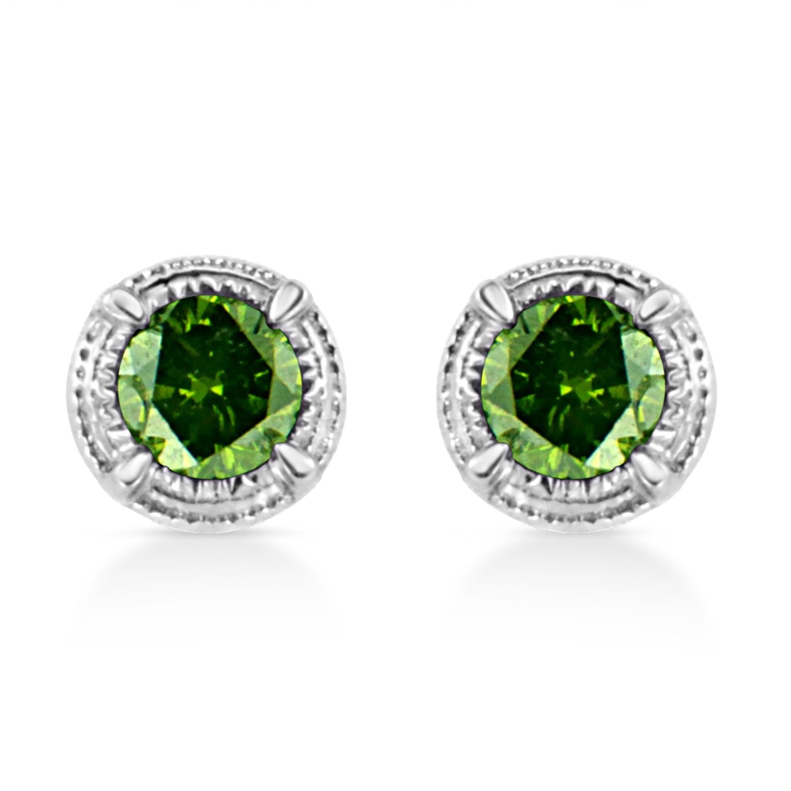 .925 Sterling Silver 1/3 cttw Treated Green Diamond Modern 4-Prong Solitaire Milgrain Stud Earrings (Green Color, I1-I2 Clarity) - LinkagejewelrydesignLinkagejewelrydesign