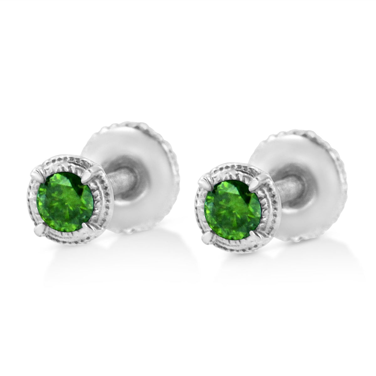 .925 Sterling Silver 1/3 cttw Treated Green Diamond Modern 4-Prong Solitaire Milgrain Stud Earrings (Green Color, I1-I2 Clarity) - LinkagejewelrydesignLinkagejewelrydesign