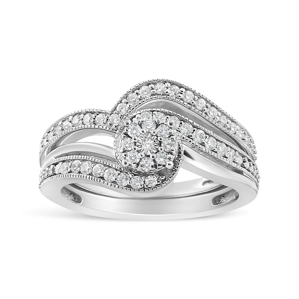 .925 Sterling Silver 1/3ct Cttw Multi-Diamond Bypass Vintage-Style Bridal Set Ring and Band (I-J Color, I3 Clarity) - Size 7 - LinkagejewelrydesignLinkagejewelrydesign