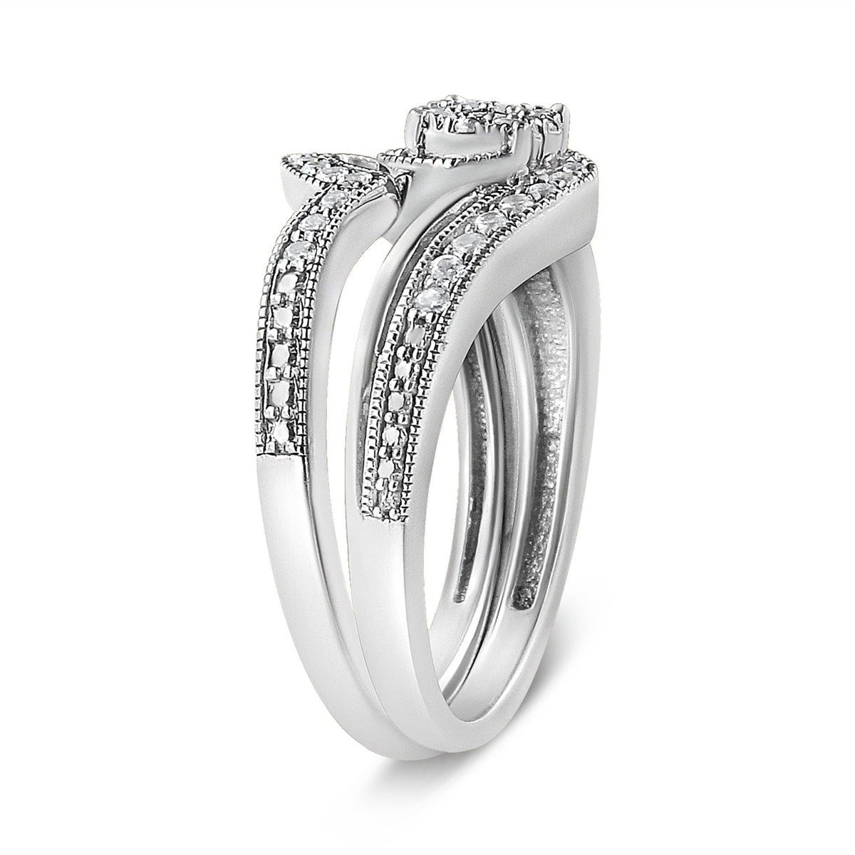 .925 Sterling Silver 1/3ct Cttw Multi-Diamond Bypass Vintage-Style Bridal Set Ring and Band (I-J Color, I3 Clarity) - Size 7 - LinkagejewelrydesignLinkagejewelrydesign