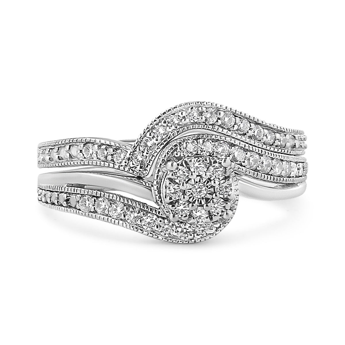 .925 Sterling Silver 1/3ct Cttw Multi-Diamond Bypass Vintage-Style Bridal Set Ring and Band (I-J Color, I3 Clarity) - Size 7 - LinkagejewelrydesignLinkagejewelrydesign