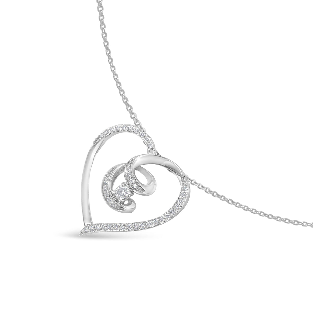 .925 Sterling Silver 1/4 Cttw Brilliant-Cut Diamond Open Heart Twisted Awareness Ribbon 18&quot; Pendant Necklace (H-I Color, I1-I2 Clarity) - LinkagejewelrydesignLinkagejewelrydesign