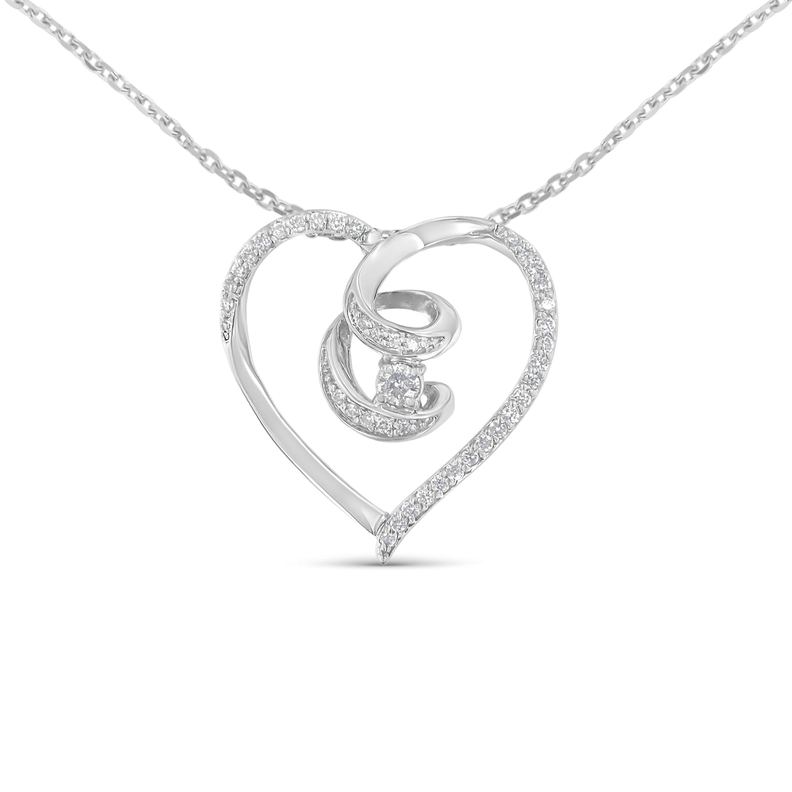 .925 Sterling Silver 1/4 Cttw Brilliant-Cut Diamond Open Heart Twisted Awareness Ribbon 18" Pendant Necklace (H-I Color, I1-I2 Clarity) - LinkagejewelrydesignLinkagejewelrydesign