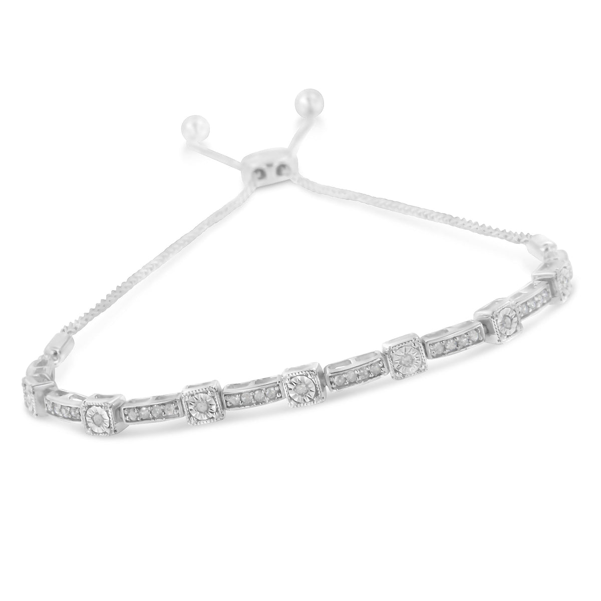.925 Sterling Silver 1/4 Cttw Diamond 4”-10” Adjustable Bolo Alternating Square and Rectangle Bolo Bracelet (I-J Color, I3 Clarity) - LinkagejewelrydesignLinkagejewelrydesign