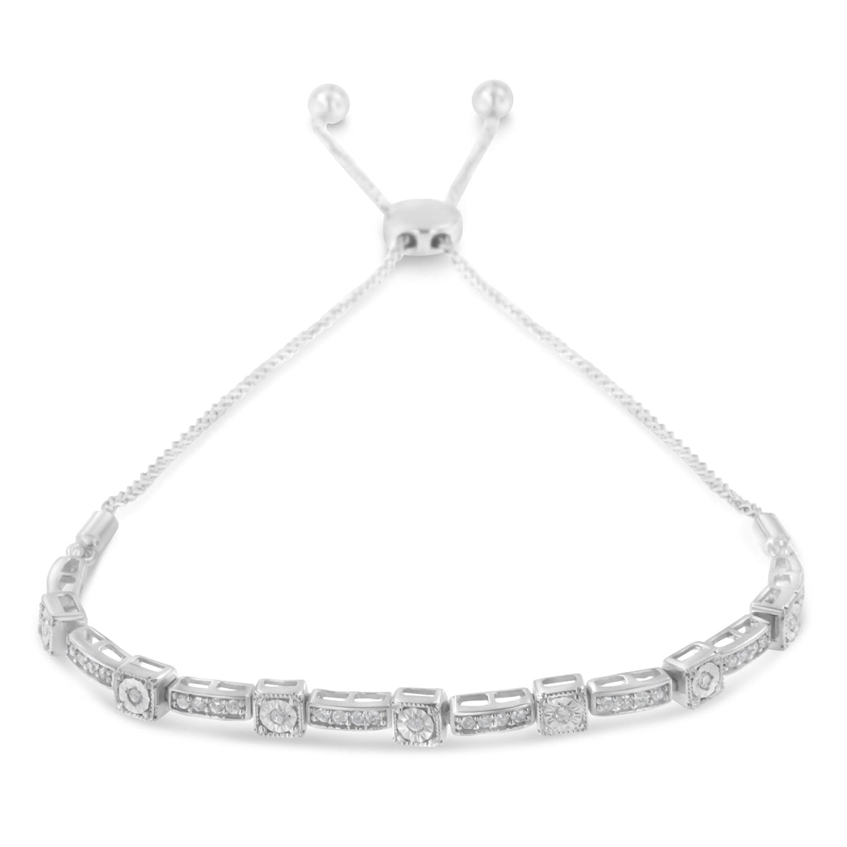 .925 Sterling Silver 1/4 Cttw Diamond 4”-10” Adjustable Bolo Alternating Square and Rectangle Bolo Bracelet (I-J Color, I3 Clarity) - LinkagejewelrydesignLinkagejewelrydesign