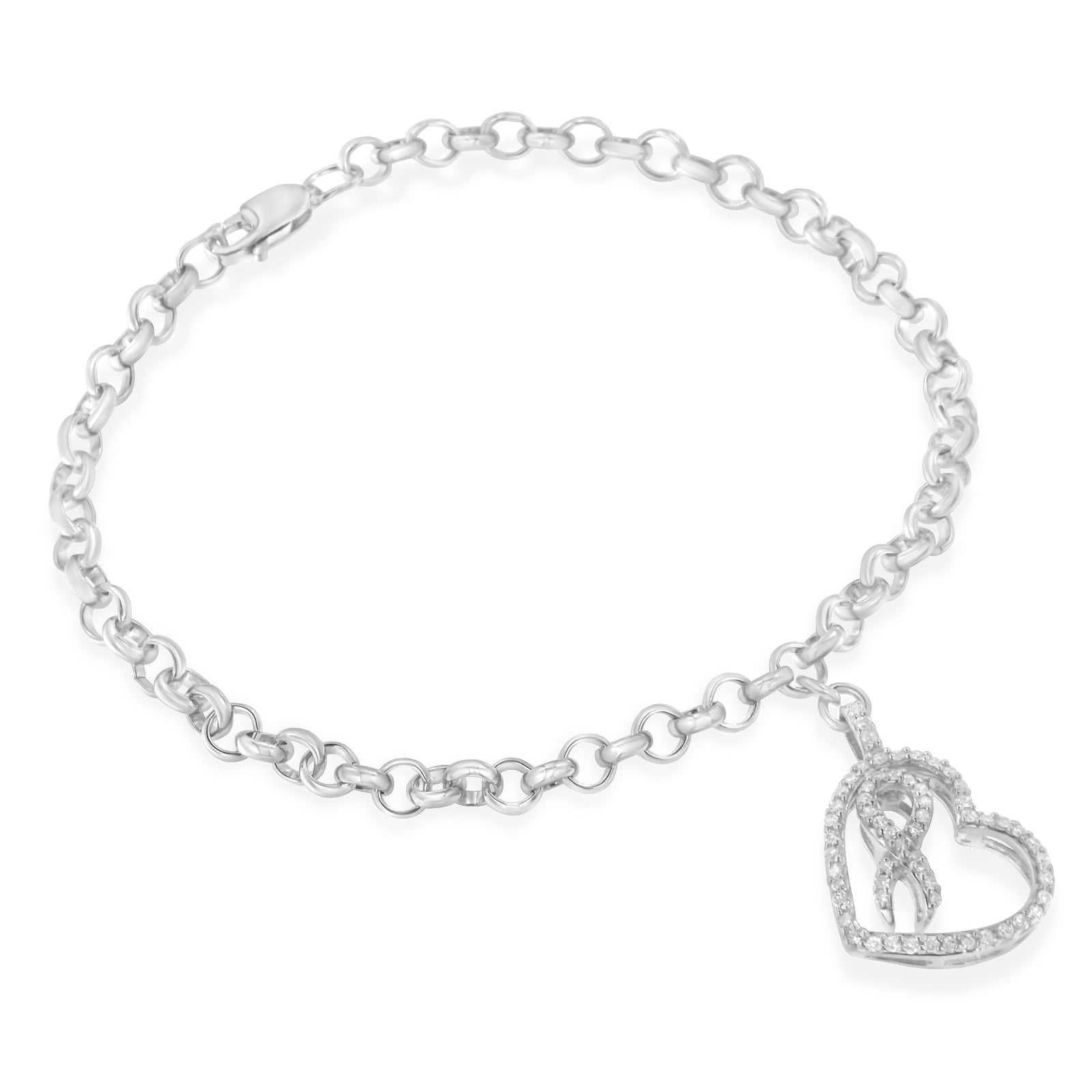 .925 Sterling Silver 1/4 Cttw Diamond-Accented Heart and Ribbon Charm 7" Link Chain Bracelet (H-I Color, I1-I2 Clarity) - LinkagejewelrydesignLinkagejewelrydesign