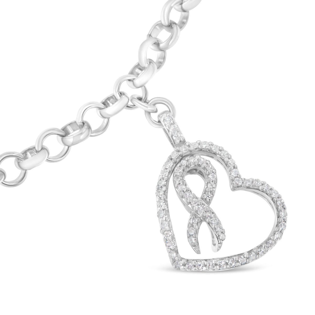 .925 Sterling Silver 1/4 Cttw Diamond-Accented Heart and Ribbon Charm 7&quot; Link Chain Bracelet (H-I Color, I1-I2 Clarity) - LinkagejewelrydesignLinkagejewelrydesign