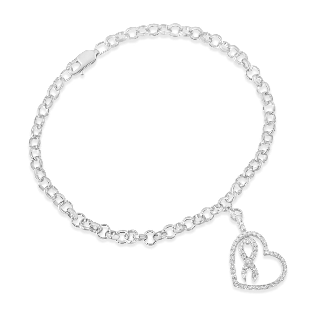.925 Sterling Silver 1/4 Cttw Diamond-Accented Heart and Ribbon Charm 7&quot; Link Chain Bracelet (H-I Color, I1-I2 Clarity) - LinkagejewelrydesignLinkagejewelrydesign