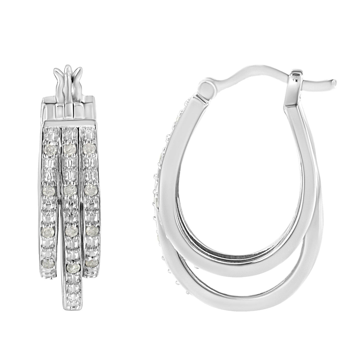 .925 Sterling Silver 1/4 Cttw Diamond and Alternating Beaded Triple Hoop Earring (I-J Color, I3 Clarity) - LinkagejewelrydesignLinkagejewelrydesign