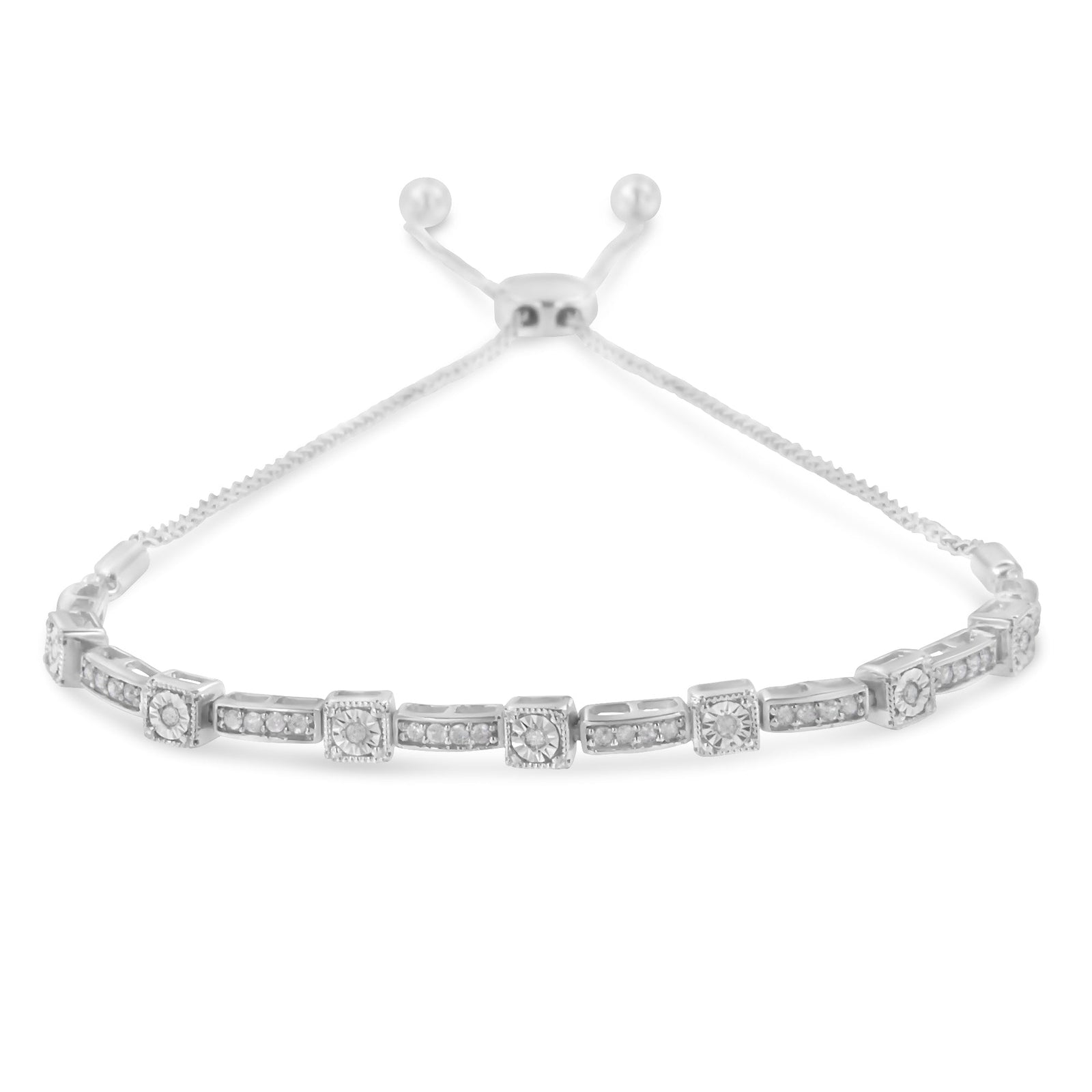 .925 Sterling Silver 1/4 Cttw Diamond Art Deco Milgrain Square Station & Bar Style Adjustable Bolo 6"-9" Bracelet (H-I Color, I2-I3 Clarity) - LinkagejewelrydesignLinkagejewelrydesign