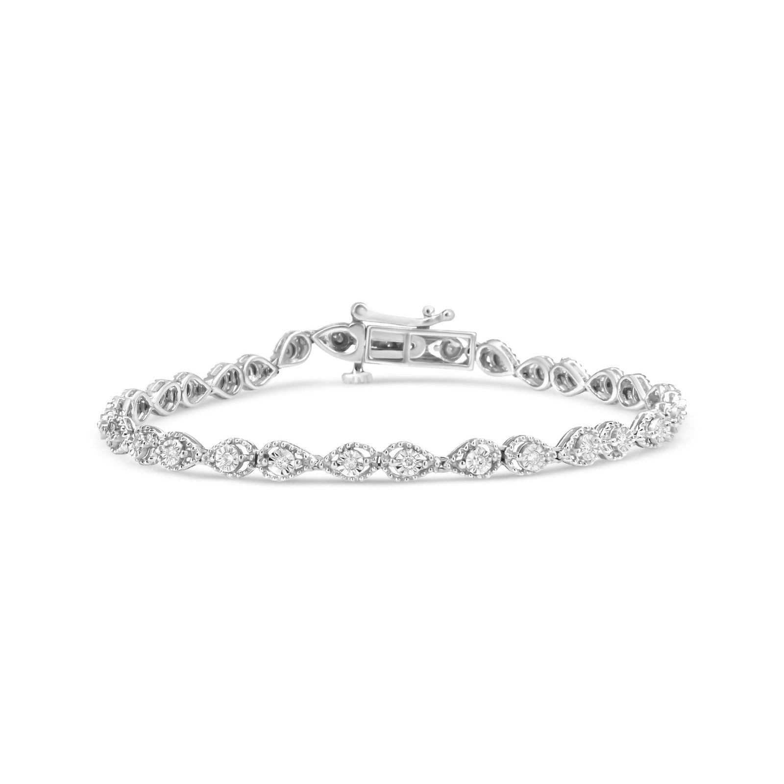 .925 Sterling Silver 1/4 Cttw Diamond Beaded Marquise Shape Link Bracelet (I-J Color, I1-I2 Clarity) - Size 7.25" Inches - LinkagejewelrydesignLinkagejewelrydesign