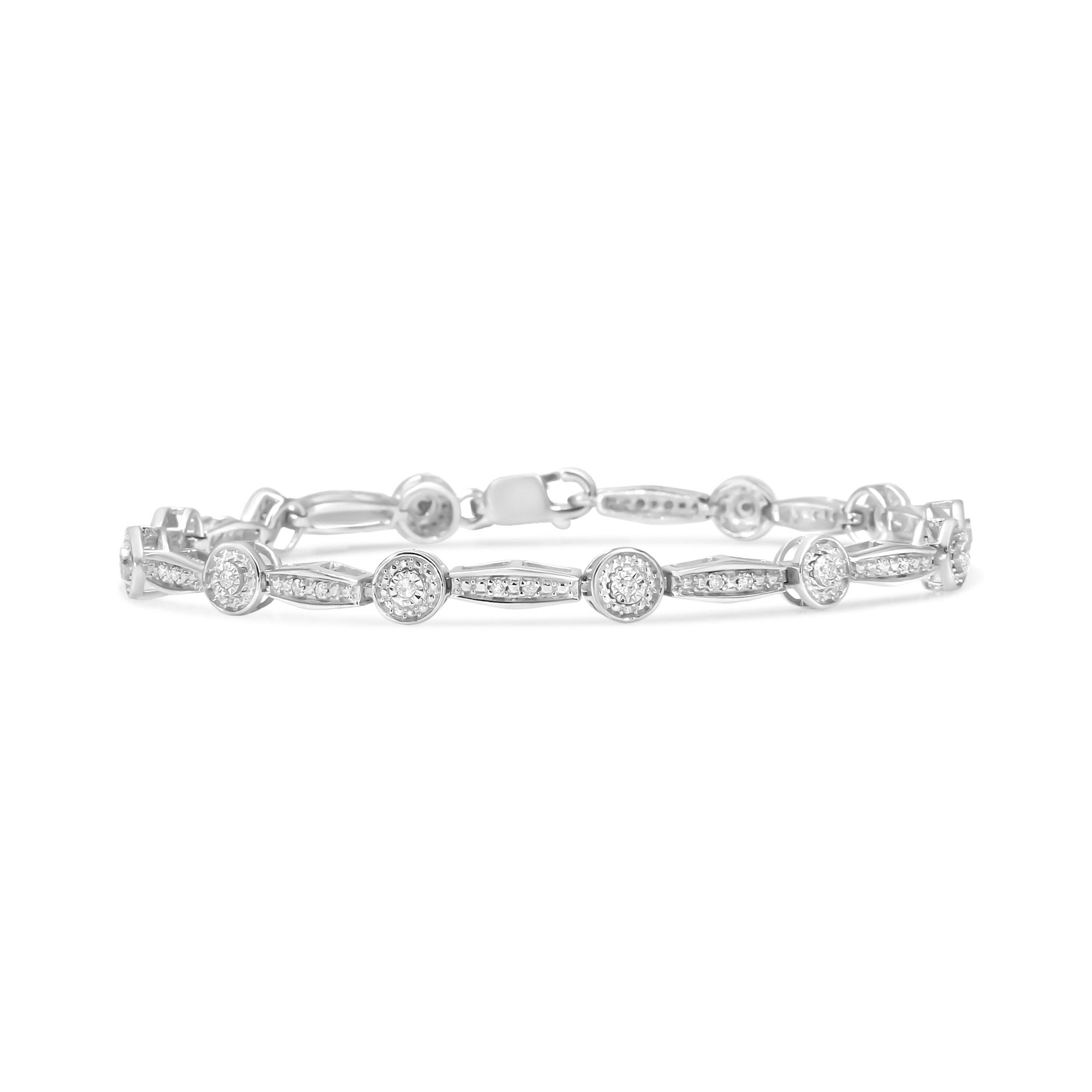 .925 Sterling Silver 1/4 Cttw Diamond Circle and Rectangle Shaped Halo Link Bracelet (I-J Color, I2-I3 Clarity) - 7.25" - LinkagejewelrydesignLinkagejewelrydesign