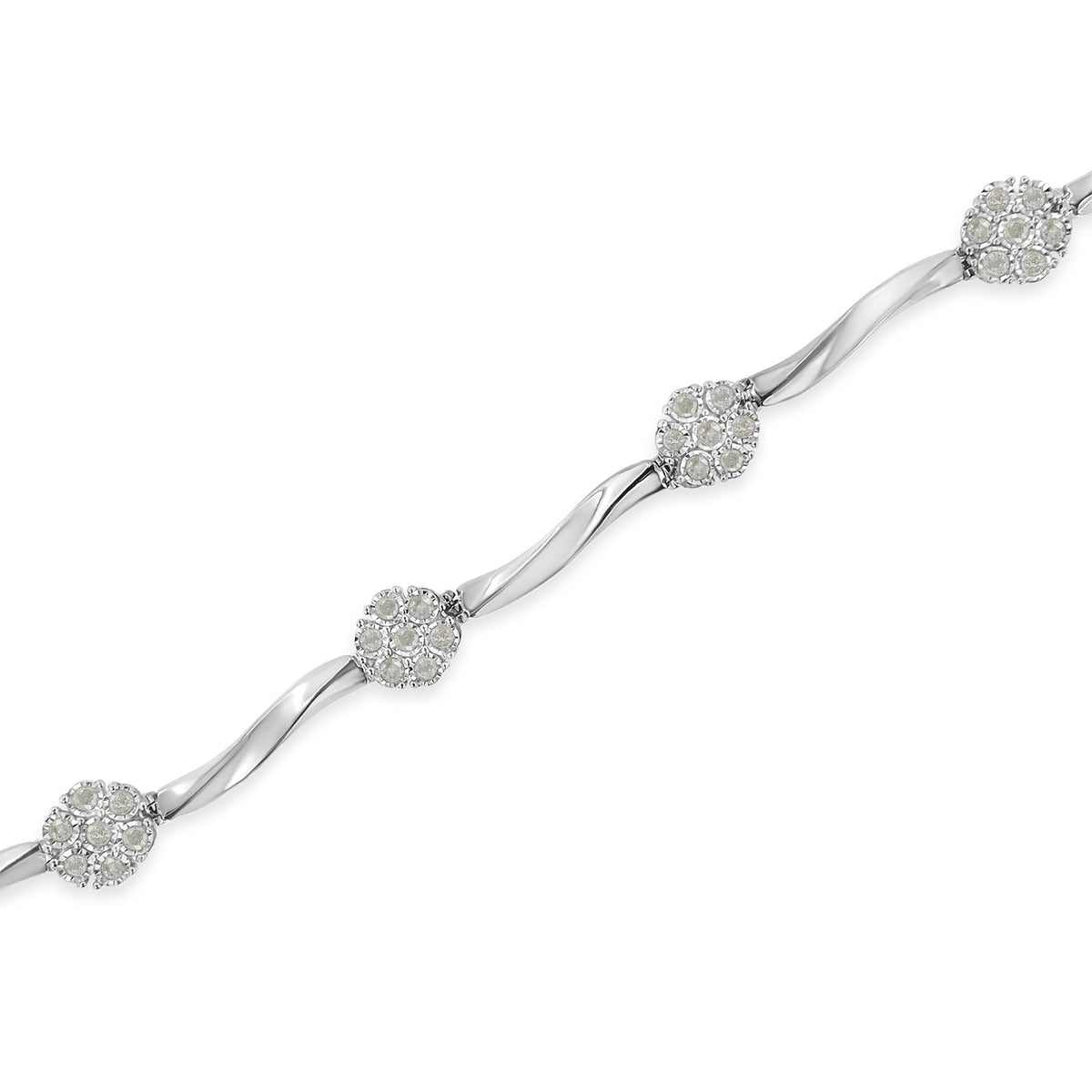 .925 Sterling Silver 1/4 Cttw Diamond Cluster Miracle-Set Station &amp; Twisted Bar 7&quot; Tennis Bracelet (H-I Color, I2-I3 Clarity) - LinkagejewelrydesignLinkagejewelrydesign