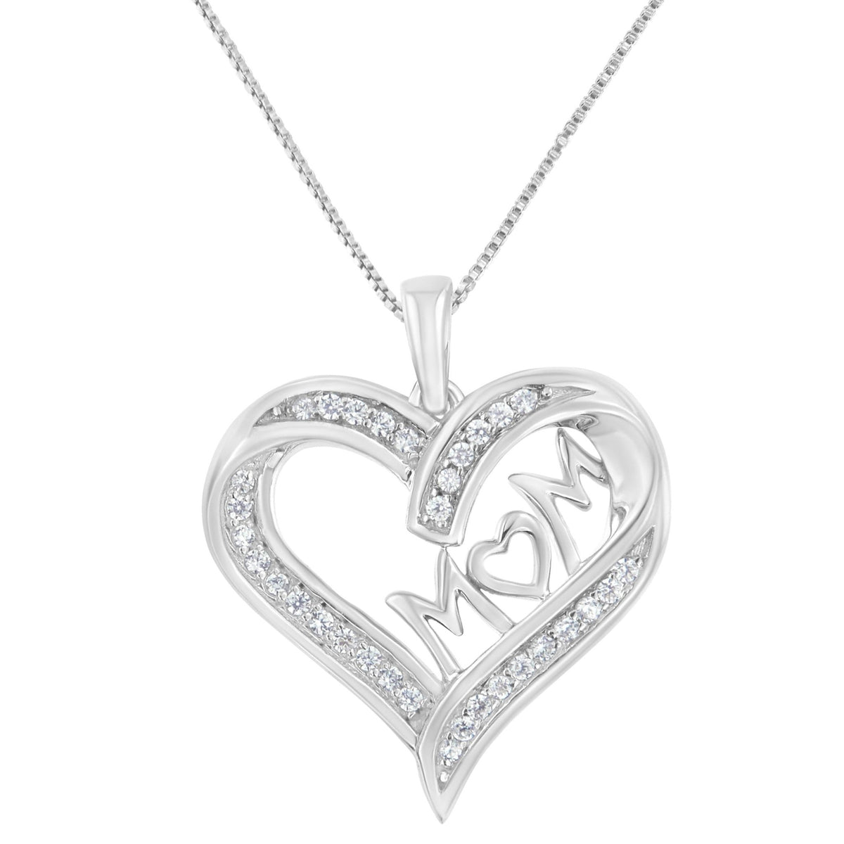 .925 Sterling Silver 1/4 cttw Diamond Engraved &quot;Mom&quot; in Heart Pendant Necklace (I-J Color, I3 Clarity) - LinkagejewelrydesignLinkagejewelrydesign